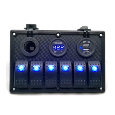 6 Gang Switch Blue LED Light Bar Panel with Volt Meter USB Cigarette Lighter 4 Truck, Boat